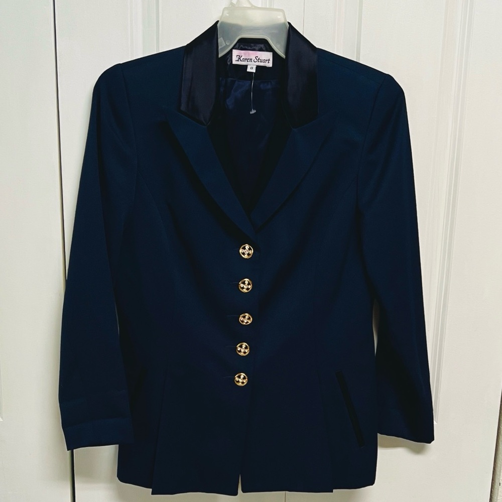 Vintage Karen Scott Women's Indigo Blazer with Black Satin Collar Size 8